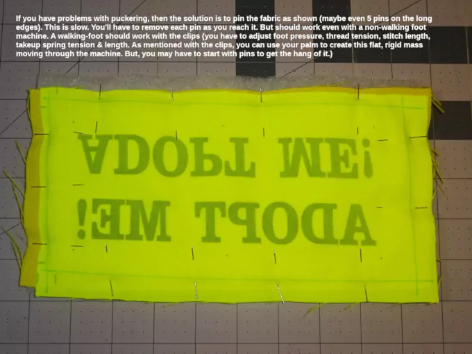 The leash-sleeve's materials pinned together for slow but failsafe sewing (may not need a non-walking foot machine this way)