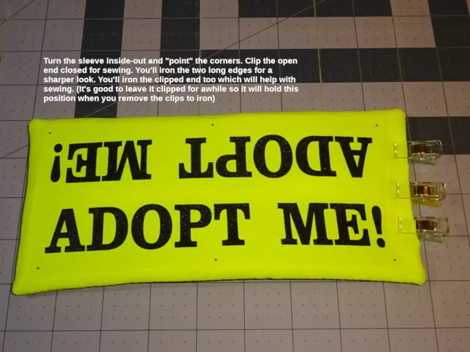 The leash sleeve turned inside-out, corners pointed, and the open end clipped before ironing & sewing closed